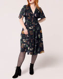 Lost In Paradise Funny Witchery Things Printed Ruffle Sleeves Midi Dress