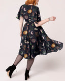 Lost In Paradise Funny Witchery Things Printed Ruffle Sleeves Midi Dress