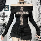 Cross lace hollow dark witch style reversible long-sleeved T-shirt