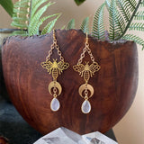 Mystical Gold Moth Moon Gemstone Drop Earrings