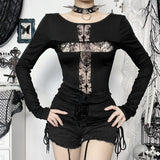 Cross lace hollow dark witch style reversible long-sleeved T-shirt