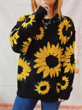 Sunflower Jacquard Round Neck Long Sleeve Knitted Pullover Sweater