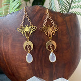 Mystical Gold Moth Moon Gemstone Drop Earrings