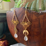 Mystical Gold Moth Moon Gemstone Drop Earrings