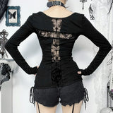 Cross lace hollow dark witch style reversible long-sleeved T-shirt