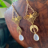 Mystical Gold Moth Moon Gemstone Drop Earrings