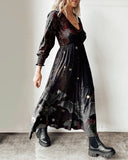 Dark Night Bat Starry Bloody Floal Printed 3/4 Sleeves Midi Dress