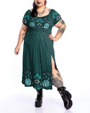 Green Magic Fairy Garden Print Slit Cotton  Plus Size Dress